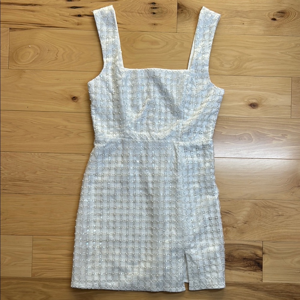 Lulu's Ivory Beaded Square-Neck Mini Dress